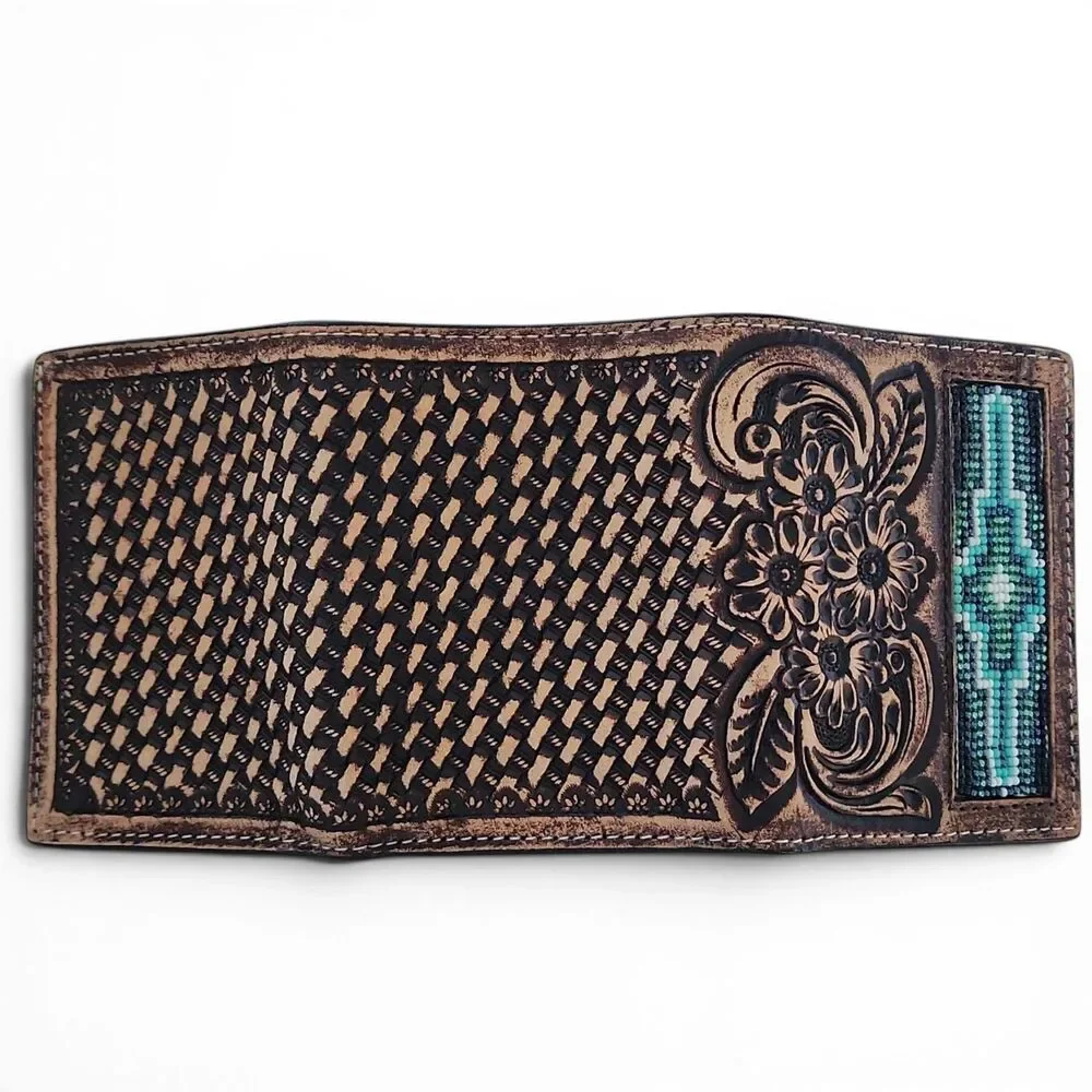 Ranger Belt Co H1020T Trifold Wallet Tooled Leather Beaded Western Brown NIB